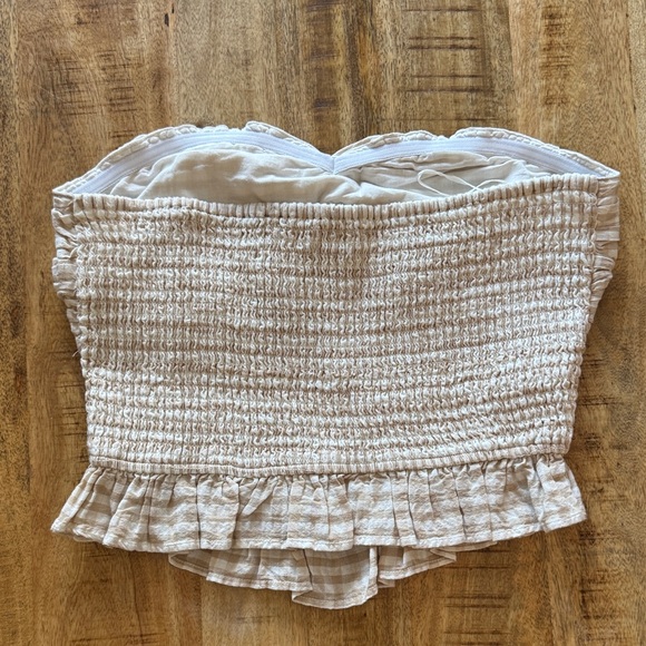 Japna 100% cotton Gingham Smocked Strapless tube Top blouse white tan Cream NWT - Picture 4 of 7